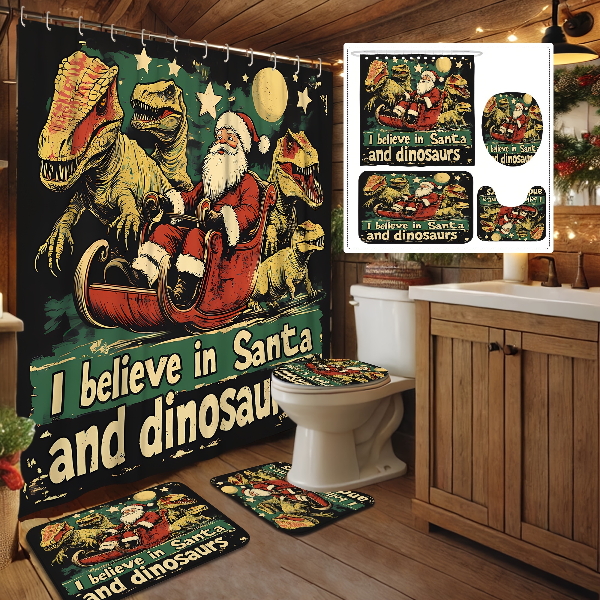 

Christmas Bathroom Decor Set With Santa And Dinosaurs, Water-resistant Bath Mat, Toilet Lid Cover, And Non-slip Rug With Hooks, Animal Print, Machine Washable Polyester Fabric, Theme