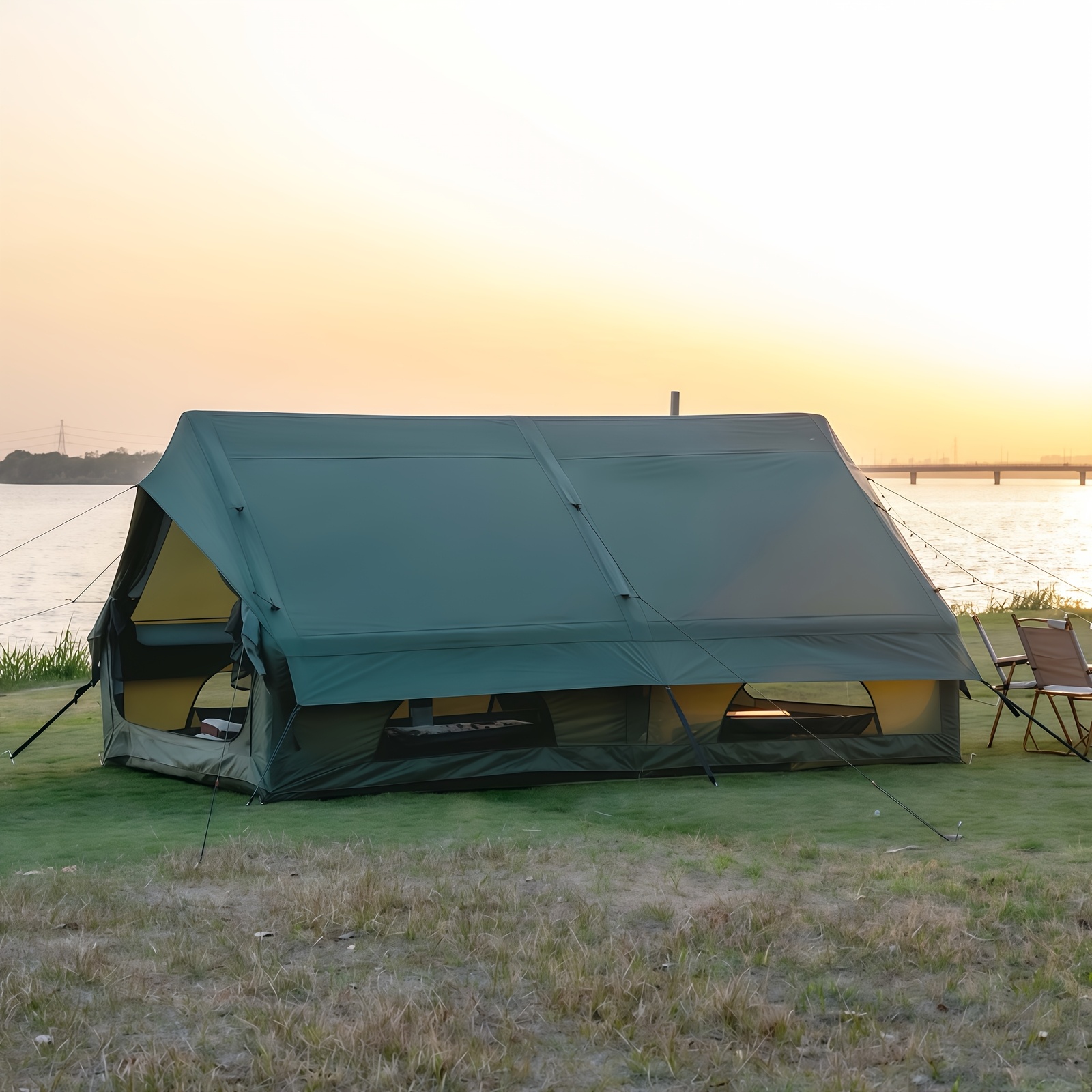 Inflatable Tent with Stove Jack for 3-4 Person, All-Season Self-Supporting Air Tents, Easy Setup Cabin Camping Tent with Mesh Windows for Outdoor, Family Camping