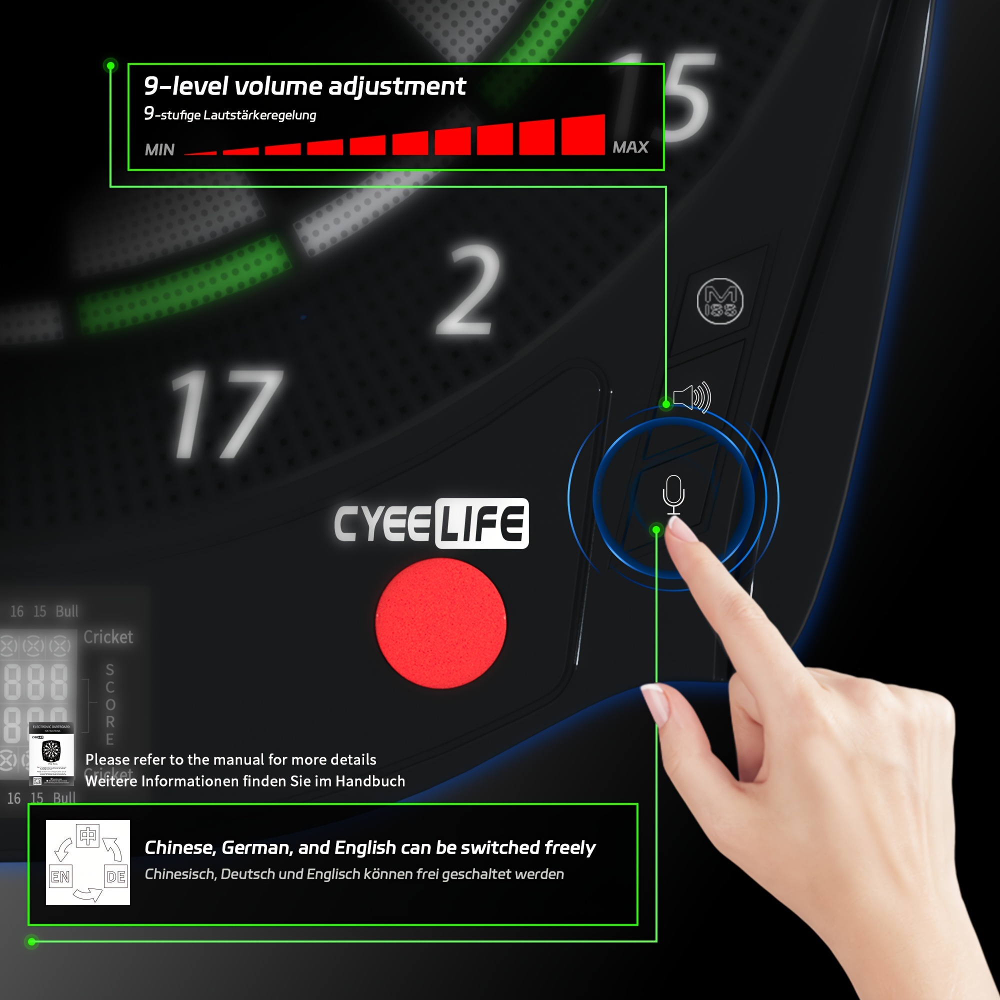 Cyeelife electronic soft dart target with 12 soft pointed darts, switching between three languages, and multiple game modes
