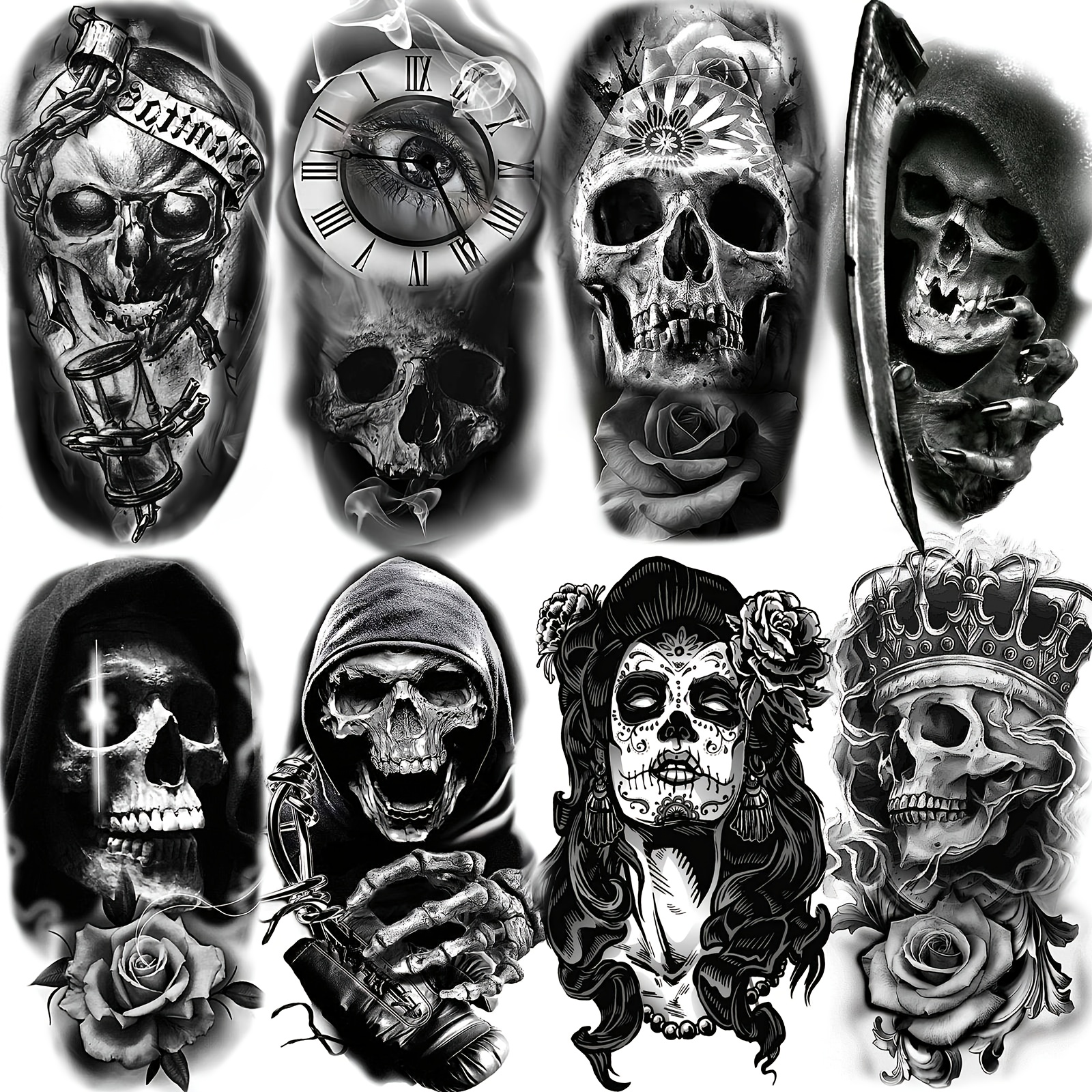 Half Sleeve Skull Dagger en Rozen Tattoo Ontwerp – Tattoos Wizard Designs, image size:1600x1600