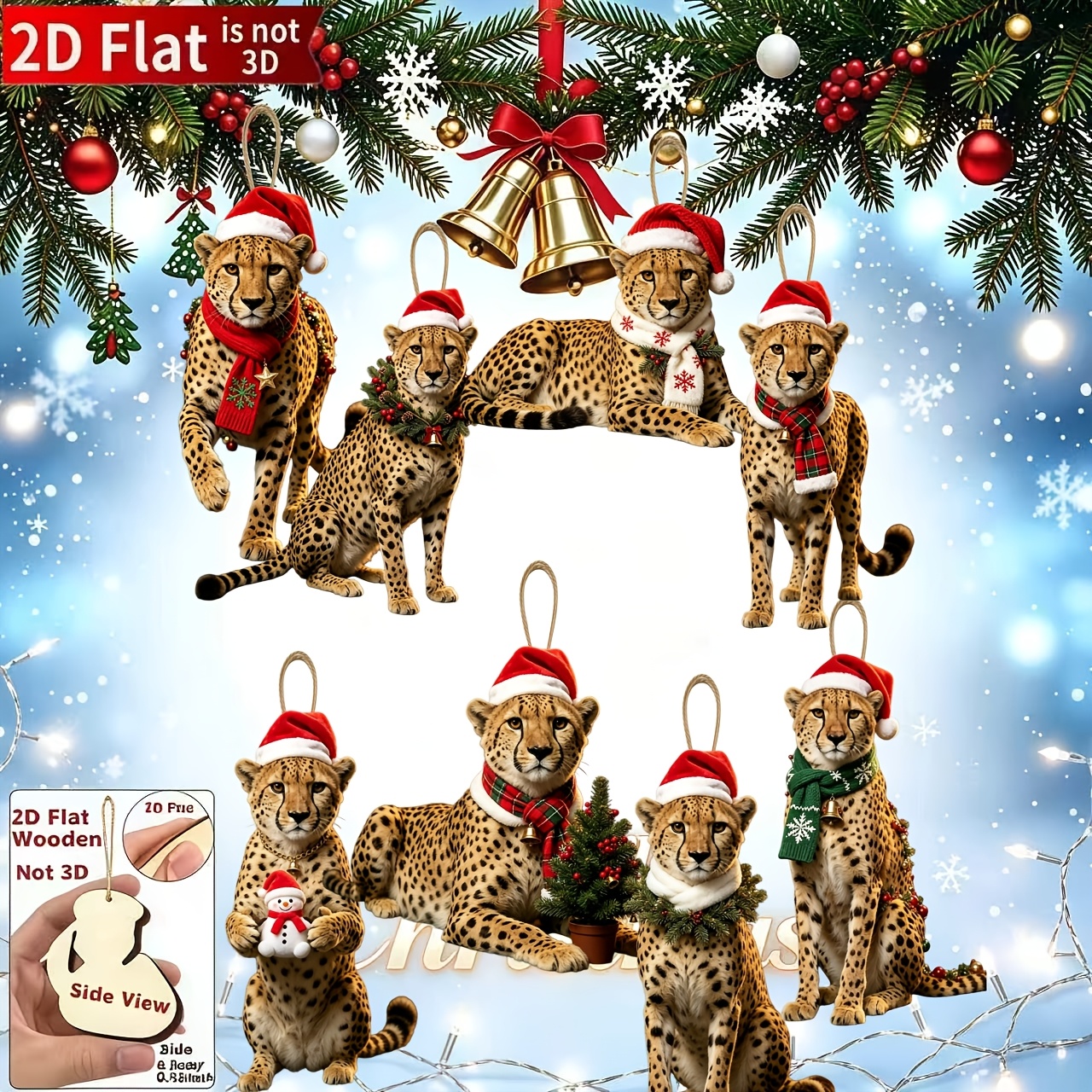 TEMU 2d Flat, 2d Flat 8pcs Leopard Christmas Ornaments, Classic Holiday Element Printed Design, An Excellent For Christmas And New Year Decorations