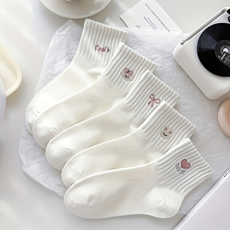 TEMU 5 Pairs Bow Short Socks Spring Autumn Women's Heart Bow Cute Pattern On White Socks