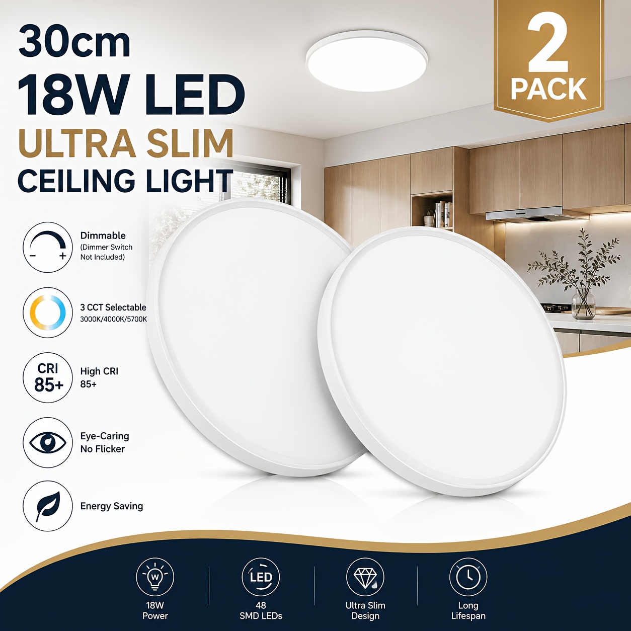 TEMU 30cm 18w Led Ceiling Light, Ultra Slim Round Flush Mount Ceiling Lamp, 3 Colour Temperatures 3000k/4000k/5700k, Compatible With Dimmer Switch,
