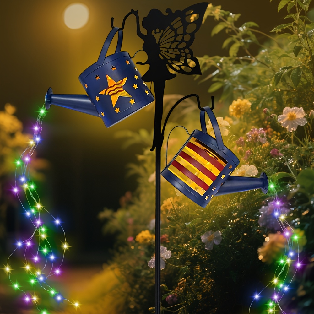 TEMU Outdoor Solar Decorative Lights, A Solar Watering Can Featuring Cascading , A Waterproof Metal Solar Lantern With A Whimsical Shepherd Hook, And