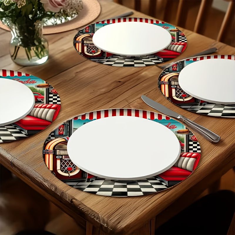 TEMU 4pcs Vintage 1950s Wooden Placemats & Table S - Checkered Tablecloth With Car & Diner Booth Design Suitable For 1950s American Diner, Cafe, Home