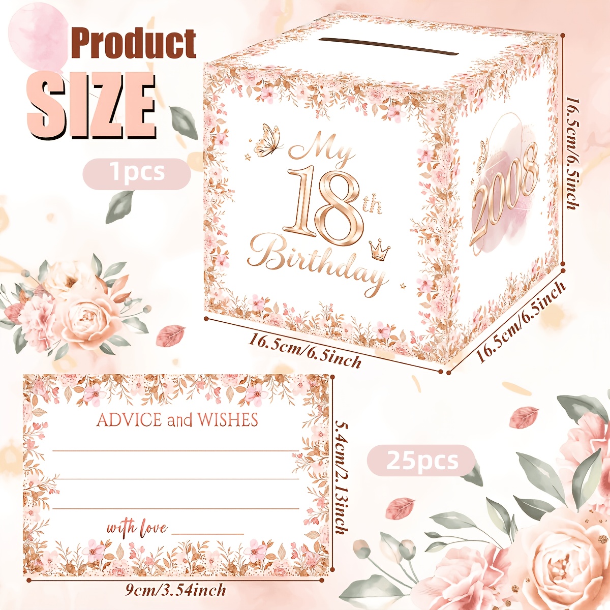 TEMU 26pcs Pink Golden Floral 18th Birthday Storage Card Box, Suitable For Girls' Eighteenth Birthday Party, 18th Birthday Banquet, Light Luxury