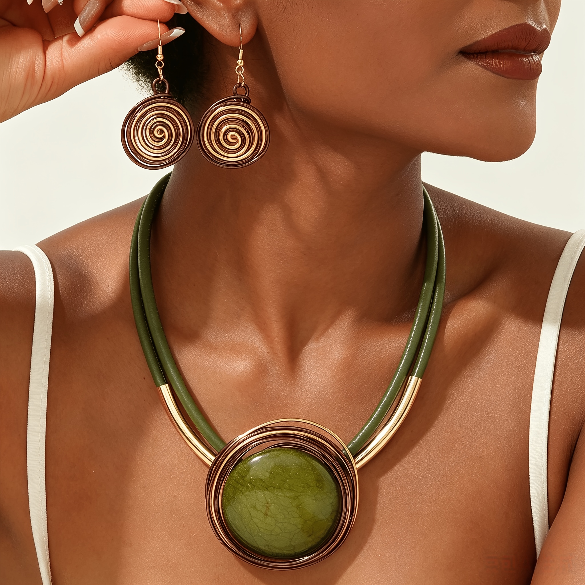 TEMU Handmade New Fashionable Bohemian Women's Jewelry Set With Resin Circular Pendant And Spiral Earring Design Suitable For Daily Wear, Dinner