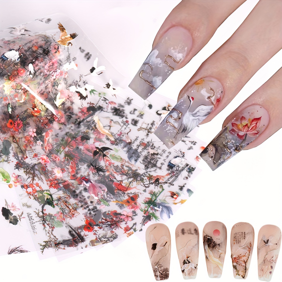 Image of 10pcs Chinese Style Vintage Nail Starry Paper Gel Polish Transfer Stickers Chinese Characters Diy Pattern Decals Manicure Supply Nail Art Decoration