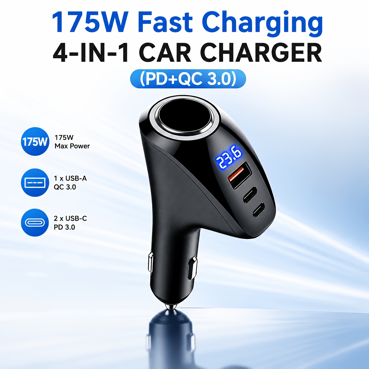 TEMU Cargador de Coche Súper Rápido, Adaptador de Coche Multi USB de 4 Puertos, Carga Rápida de 175W, PD&QC 3.0 Puertos USB (2 Tipo-C + 1 USB-A),