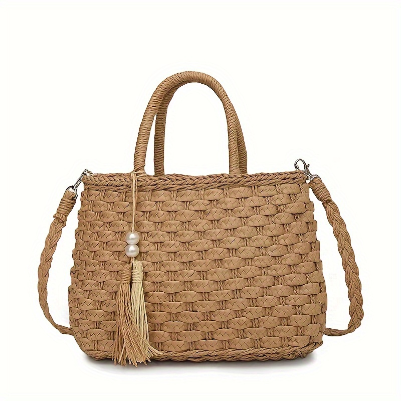 

Sac d'été classique en paille pour femmes, sac à main d'été bohème pour la plage avec poignées tressées, sac à bandoulière et sac à bandoulière polyvalent avec décor de pompons