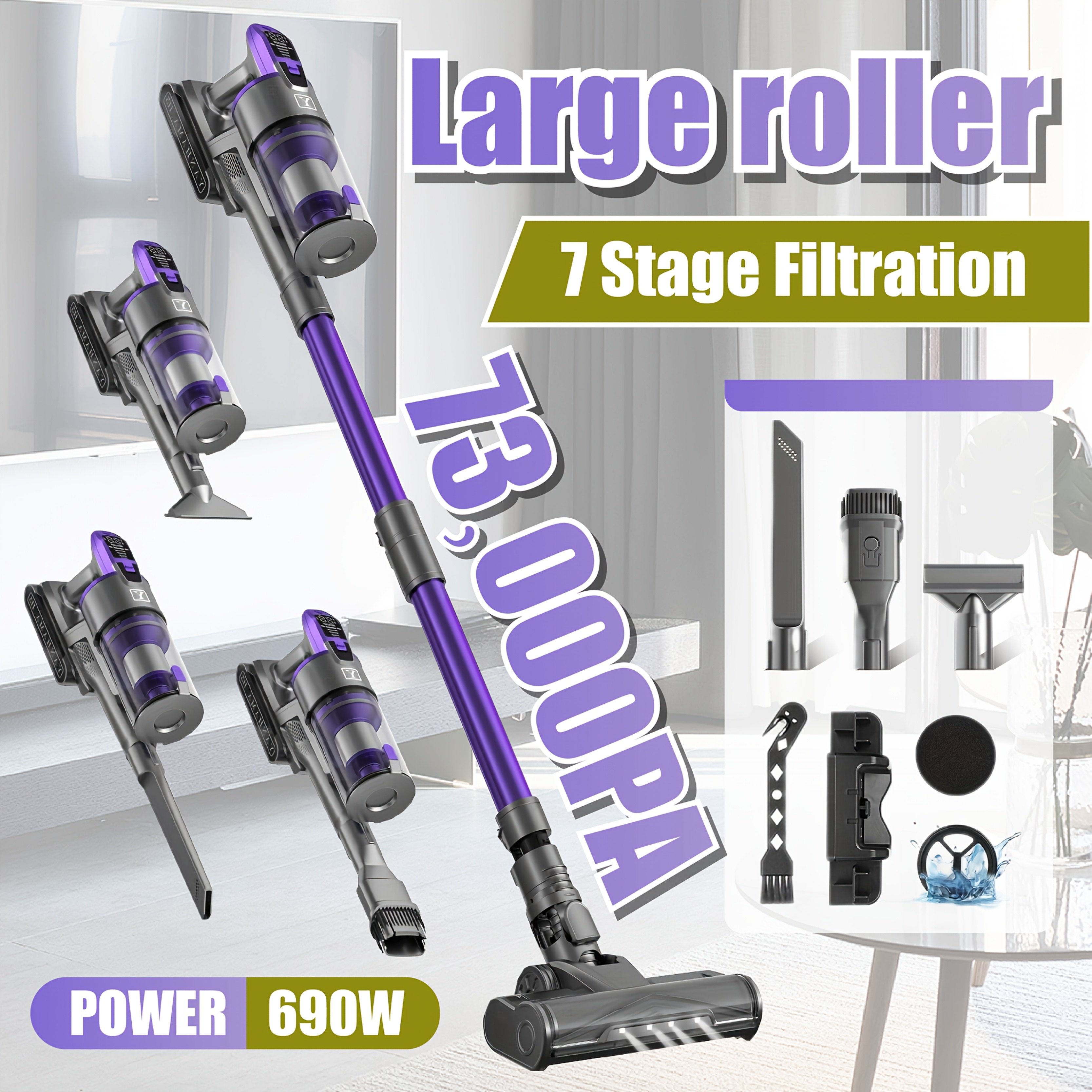 Image of H5 Cordless Handheld Vacuum Cleaner, 7-stage Filtration System, Home Cleaning, Extended , Strong Suction, Floor Cleaning, Pet Hair, Corner Cleaning
