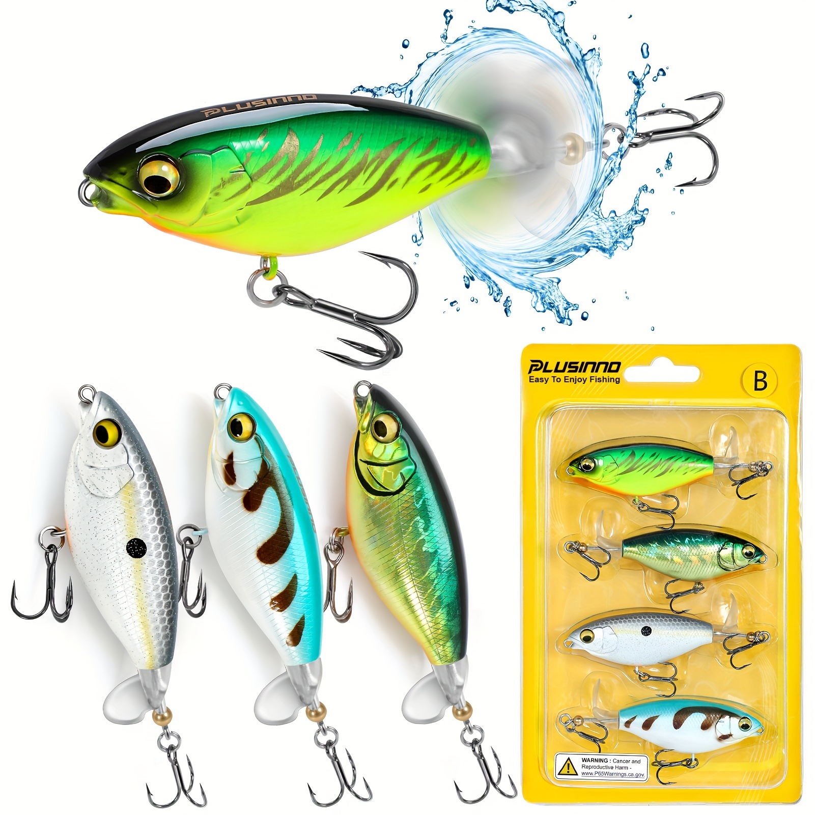 

Plusinno Top Water Fishing Lures, 4pcs Plopper Fishing Lures For Bass Trout Pike Perch