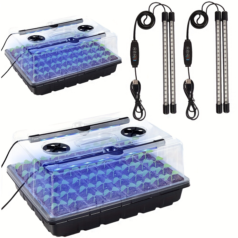 

2 Sets Of Seed Starter Tray With Growth Light, 2 Sets Of 96 Cell Seedling Tray Kit With Humidity Dome/ Starter Kit, Adjustable Brightness Plant Germination Tray Timer 3/9/12 Hours