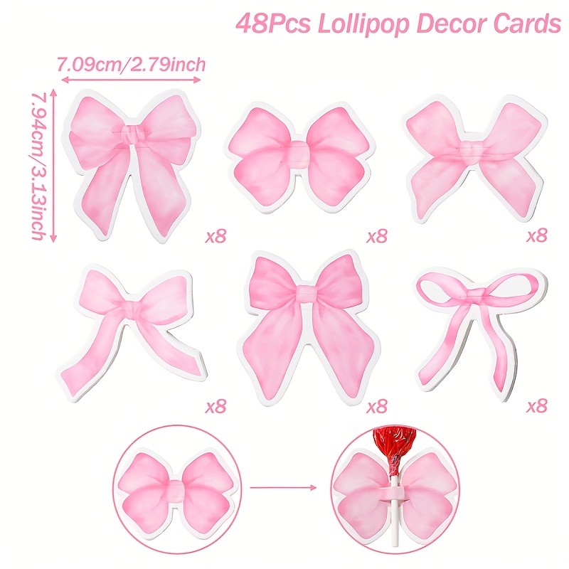 TEMU 48pcs Pink Bow & Lollipop Enclosure Cards - Elegant Pastel With Layered Bow Accent, Sturdy Cardboard Party Favors For Weddings, Birthdays,