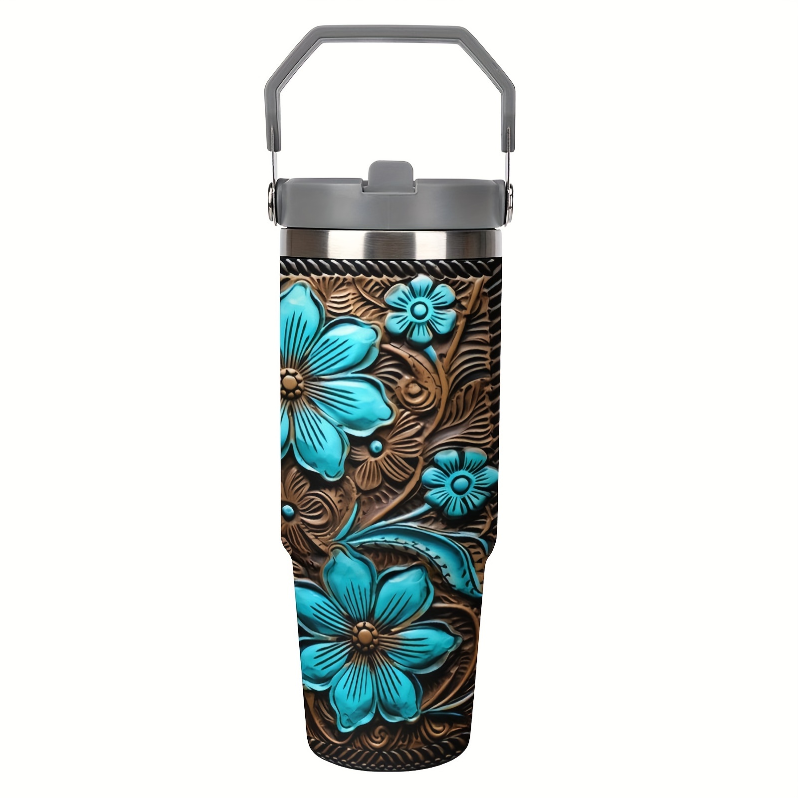 TEMU 1pc Floral Leather Design 30oz Stainless Steel - Double Wall Insulated, Leak-proof With Lid, 304 Stainless, Use &