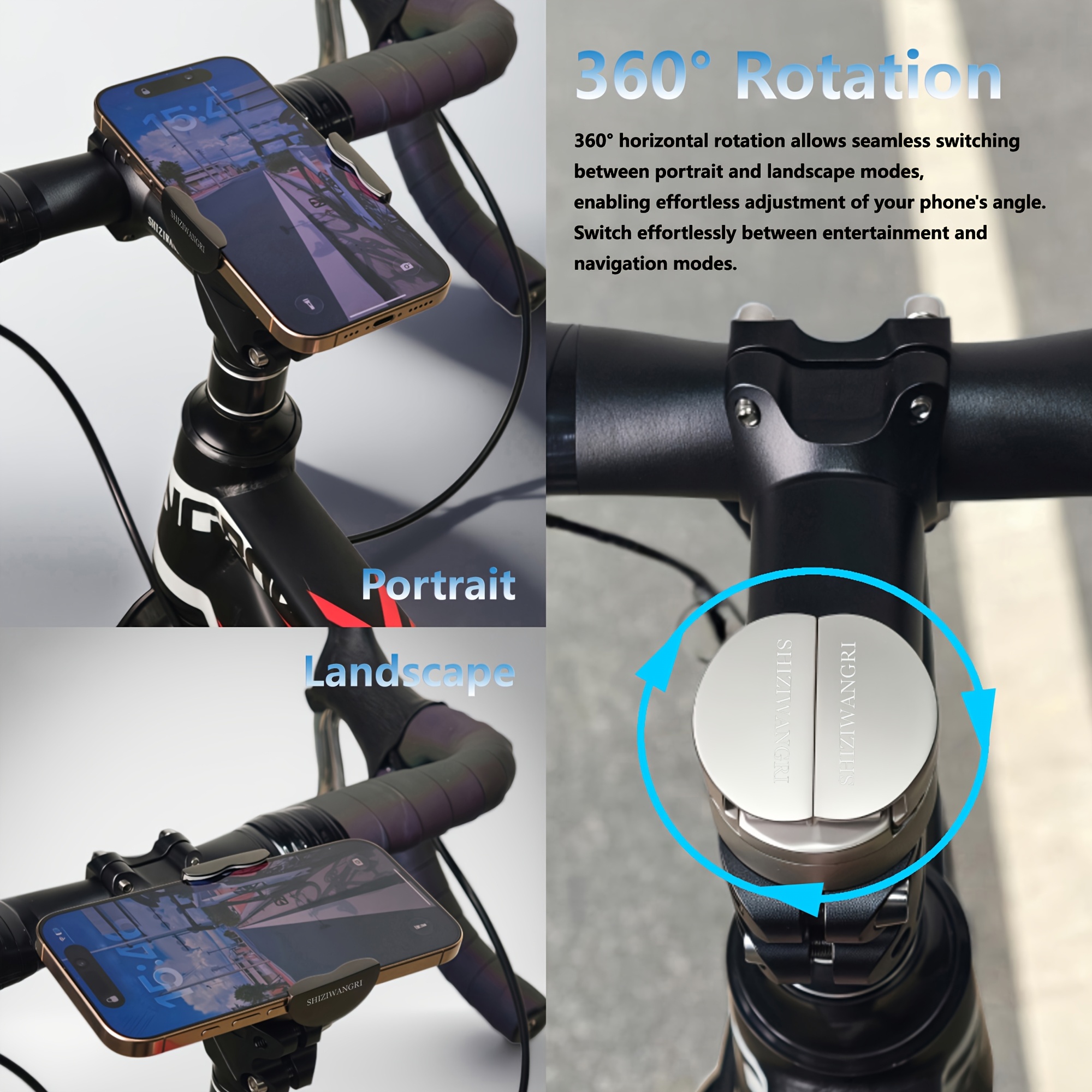 SHIZIWANGRI Aluminum Alloy Invisible Bike Phone Mount 360° Rotation Bicycle Handlebar Cell Phone Holder Shockproof Soft Rubber Cycling Phone Stand for Road Mountain Bike
