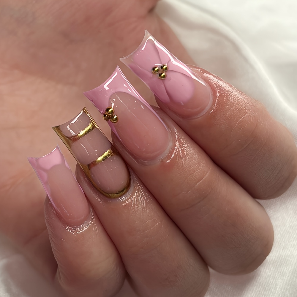 24pcs Of Medium-sized Square Pink Press-on Nails, Removable Acrylic Nails For , Suitable For Dance, Parties, And Everyday Wear, Featuring A Y2k Aesthetic And Reusable Design