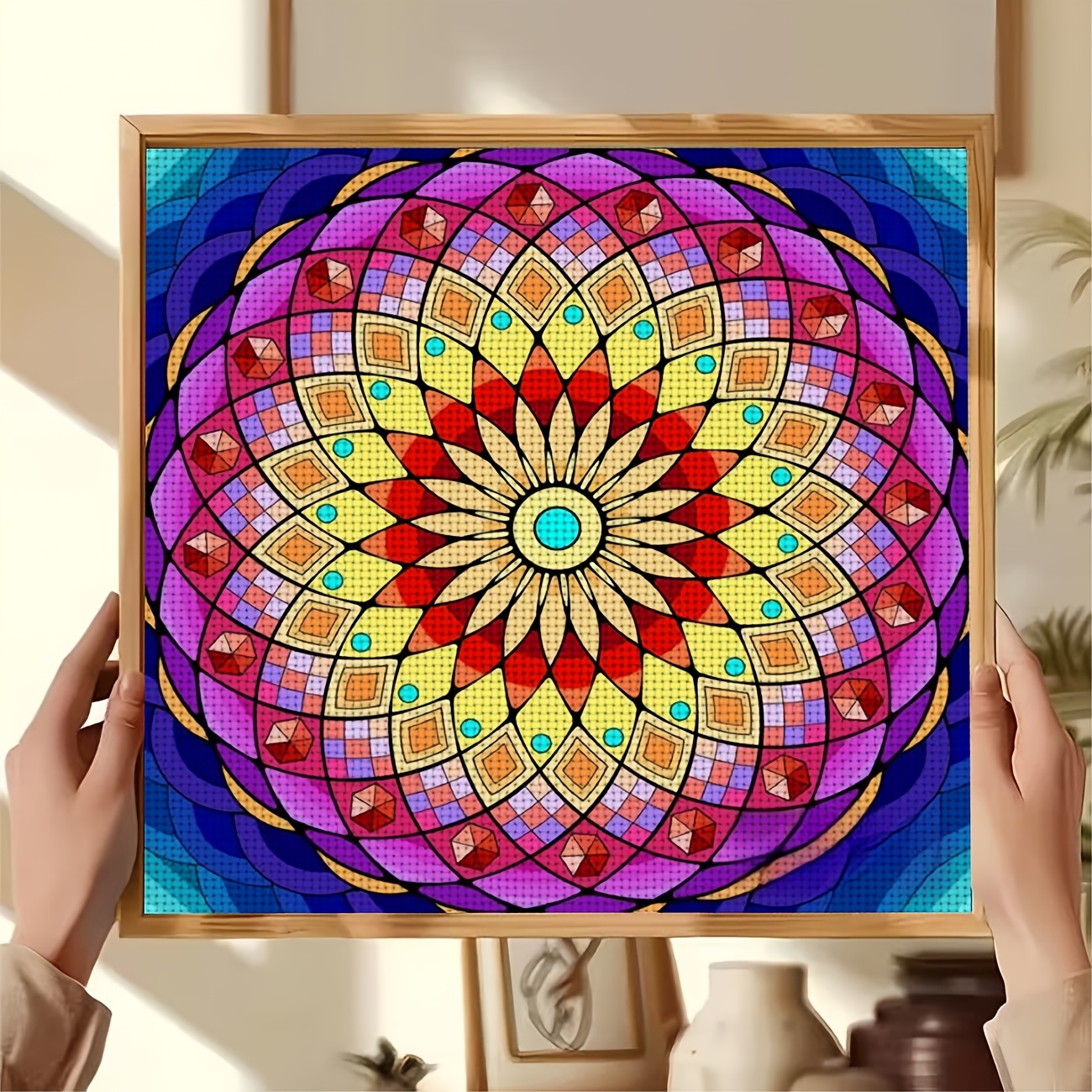 DIY Cross Stitch Print Kit, Frameless Colorful Symmetrical Mandala Pattern