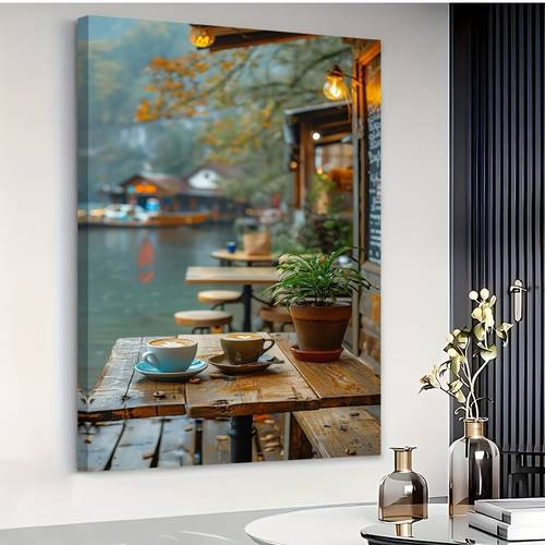 item picture 2d flat modern cafe framed canvas painting solid around frame poster suitable for living room decor hook installation in 16x24 24x36 inch sizes elegant for decoration 2d flat
