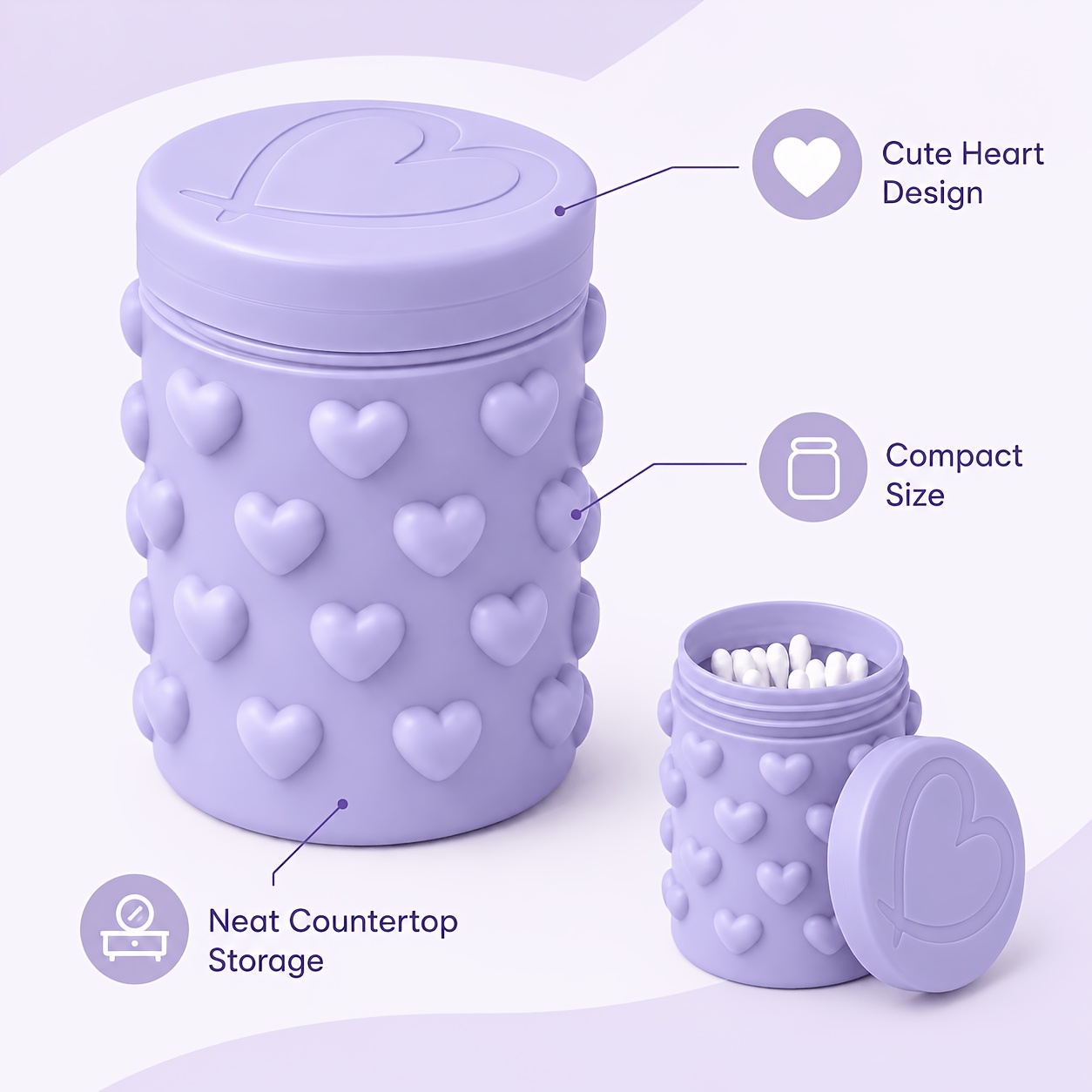 TEMU Portable Dustproof Swab Storage Box, Cute 3d Embossed Heart Desktop Small Storage Jar, 3d Printed Macaron-colored Threaded Organizer Jar With