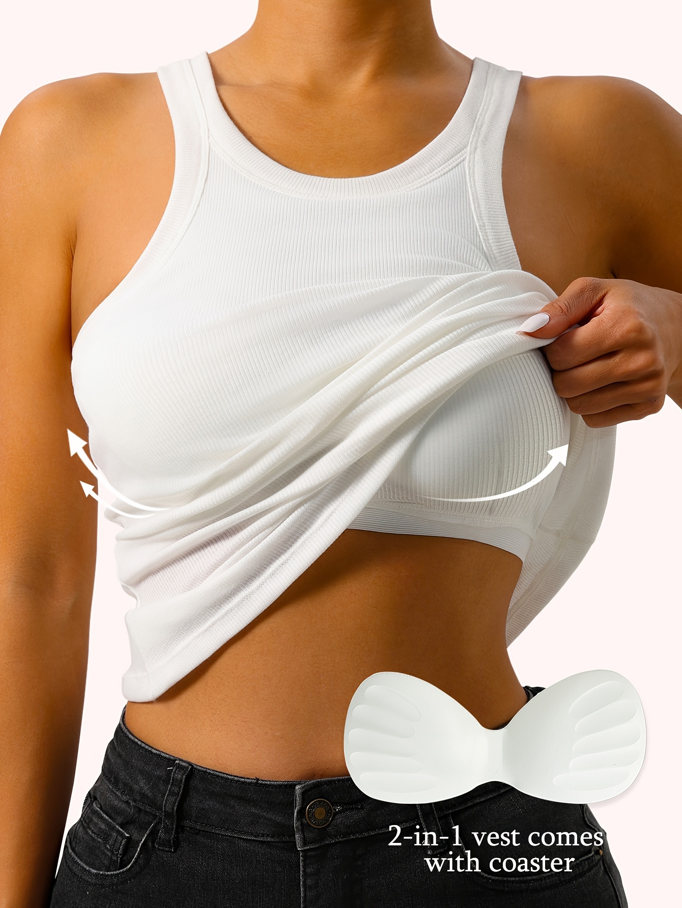 Solid Color Ribbed Casual Round Neck Sports Tank Top With Built-in Bra, Sleeveless Running Fitness CVest Top, Women's Activewear