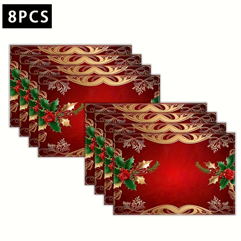TEMU Jit4/6/8pcs Luxurious Christmas Placemats - Red Golden Festive Table Mats, Patterns, 12 X 18 Inches, Elegant Linen Rectangular Table Decor,