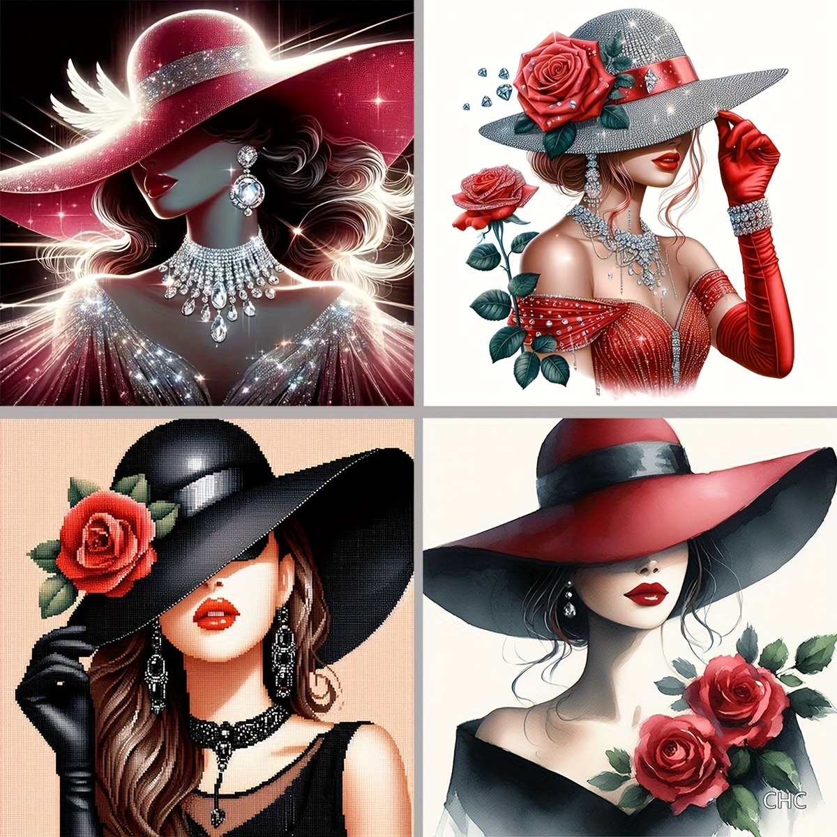 

4pcs Diy 5d Diamond Painting Kit - Elegant Women With Hats | Acrylic Diamonds | Mosaic Craft For Beginners | Ideal For Wall Decor | Gift, Diy Craft Kit|floral Theme Decor| Mosaic