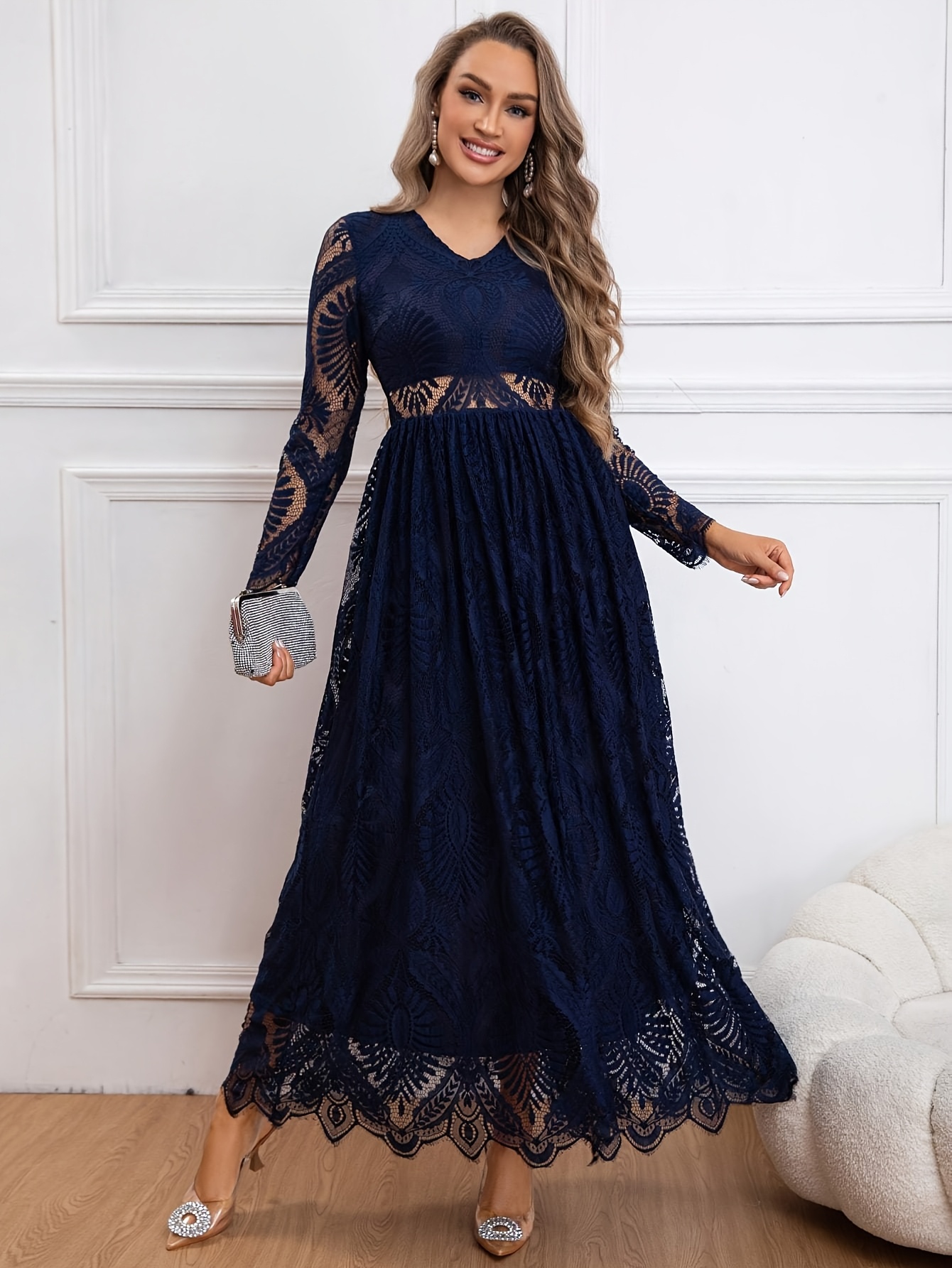 womens long lace hollow long sleeve dress | Temu Sweden