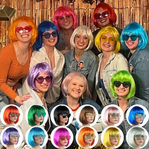 1 set de pelucas coloridas, gafas sin para cabello corto y red para el cabello. divertidas cintas para el cabello y accesorios para fiestas de disfraces, ideales para halloween, san valentín y
