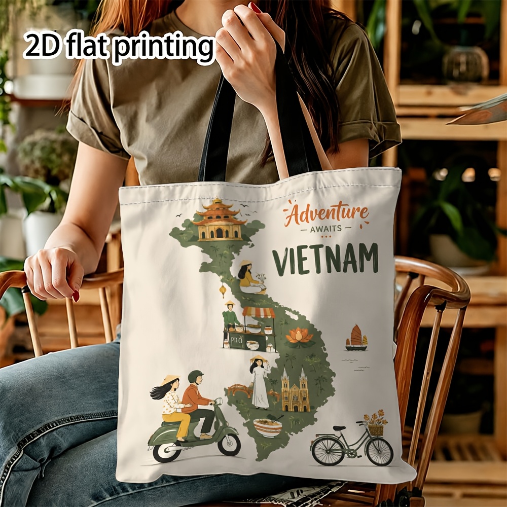 TEMU Sac en toile imprimée de style vietnamien pour femme, sac à main d'épaule à motif double face de grande capacité, sac de courses vintage