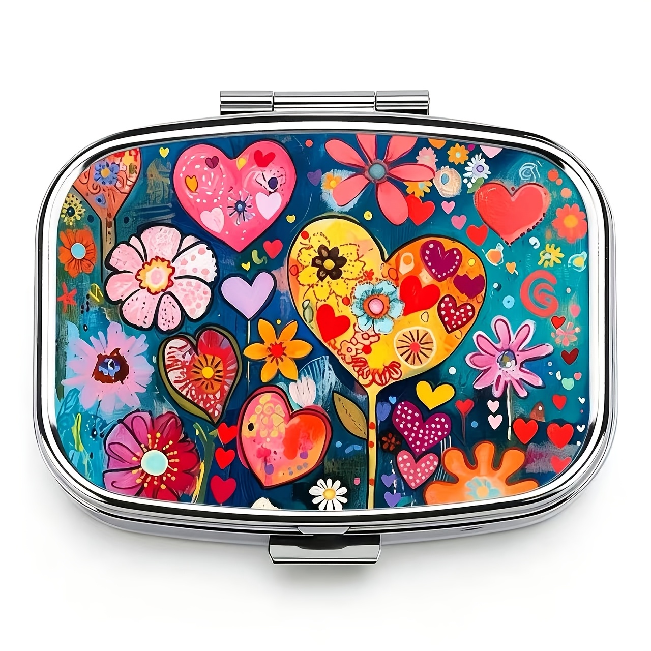 TEMU Portable Pill Case, Colorful Hearts Floral Pattern Small Pill Box, Mini Metal Medicine Organizer For Purse, Pocket Vitamin Holder For Travel