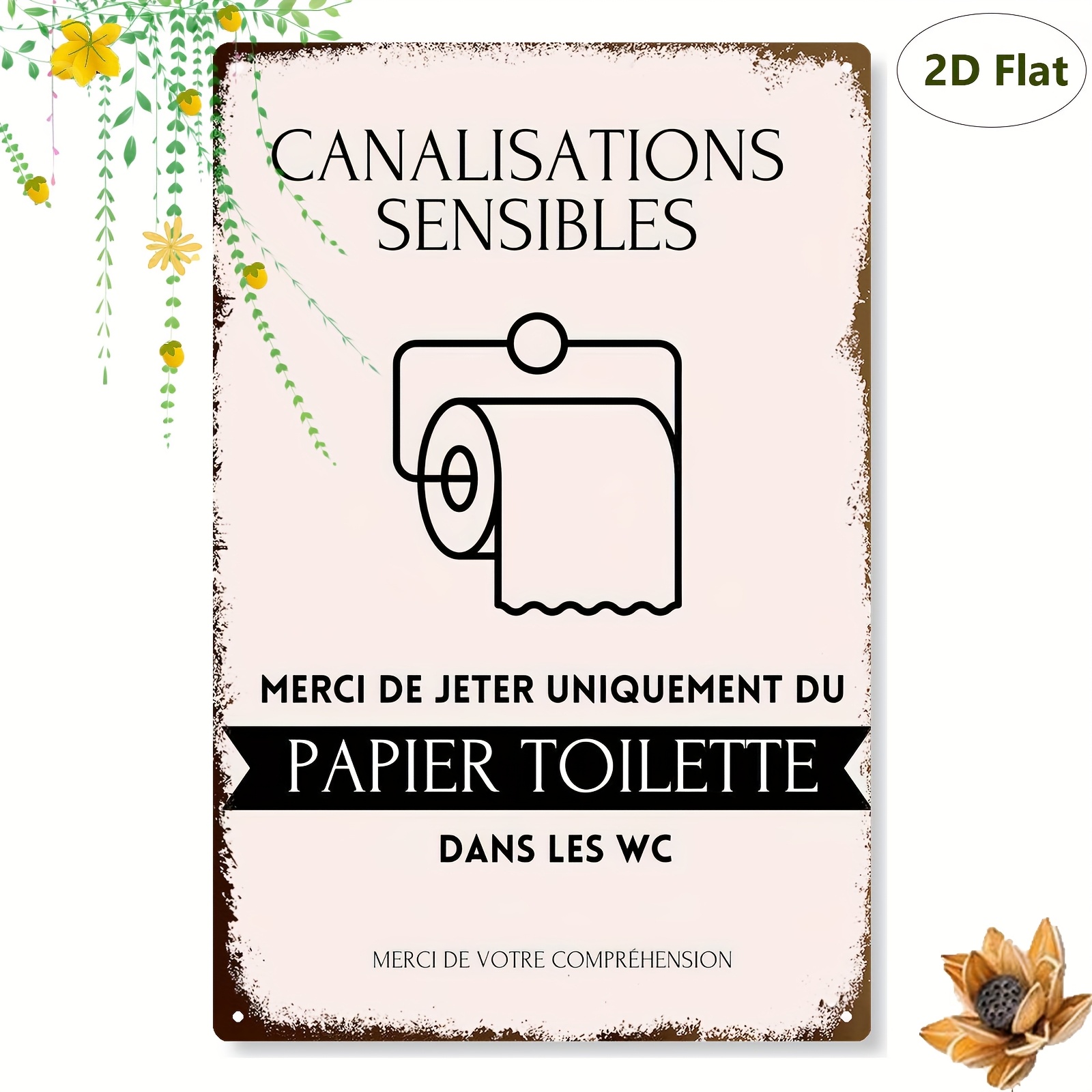 TEMU 2D Plat - Panneau Rétro Français 2D " Utiliser du Papier Toilette" - Art Mural Métallique 2D, 20.32X30.48 Cm, Idéal pour Salle de Bain, Cuisine,