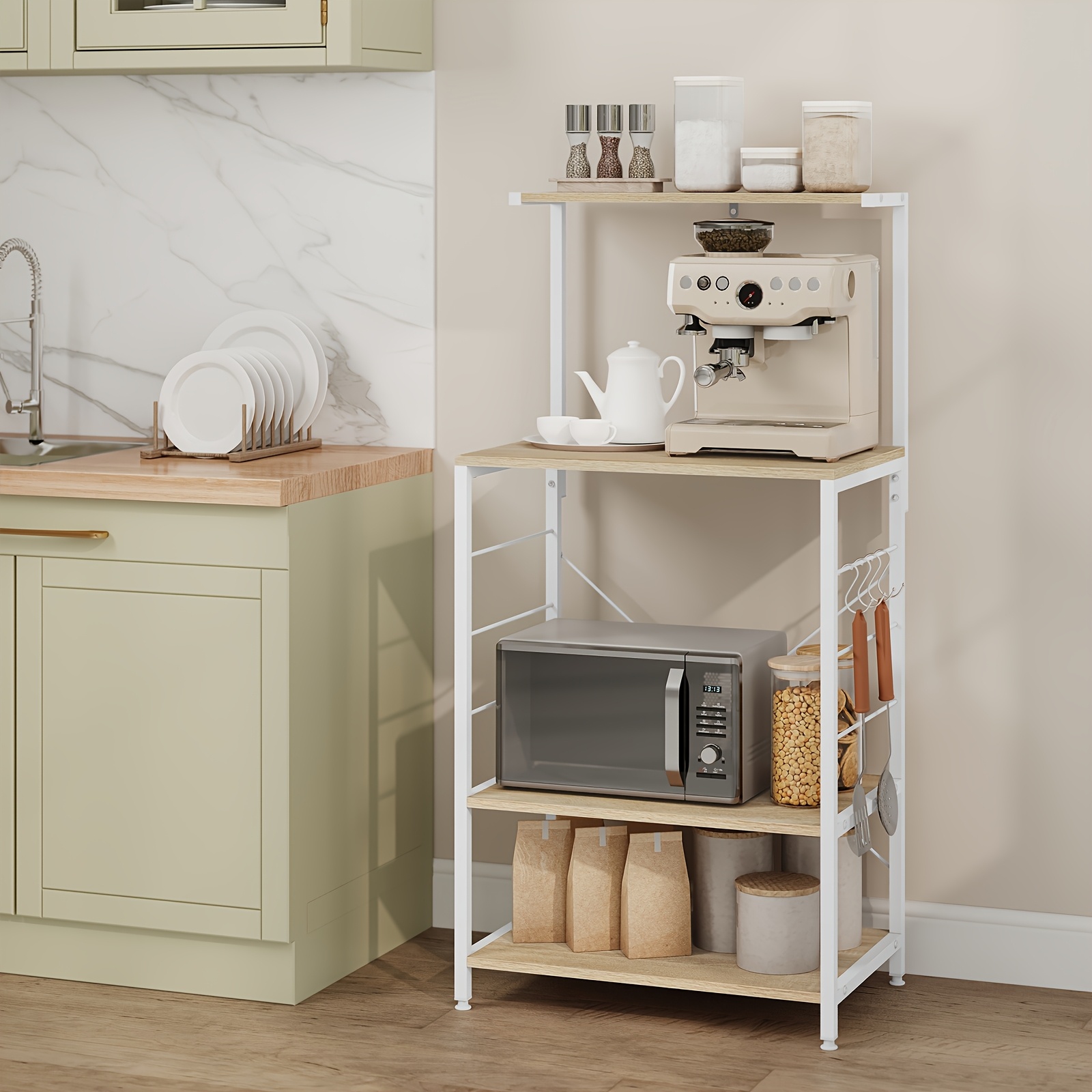 1 étagère de cuisine sur pied, étagère pour micro-ondes, étagère à pain, étagère de ménage, chêne clair + blanc