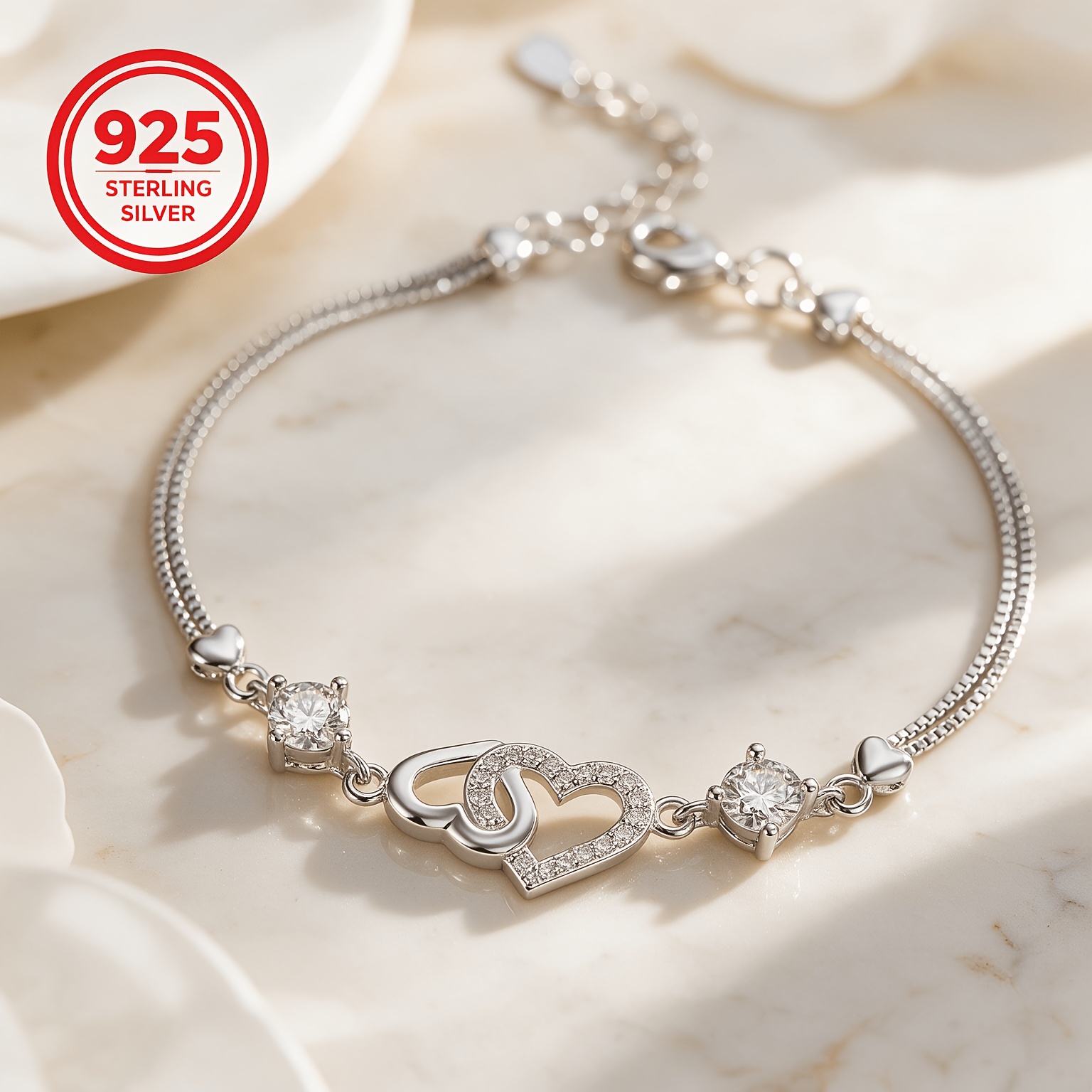 Women's 925 Silver Heart-To-Heart Bracelet, Elegant Gift