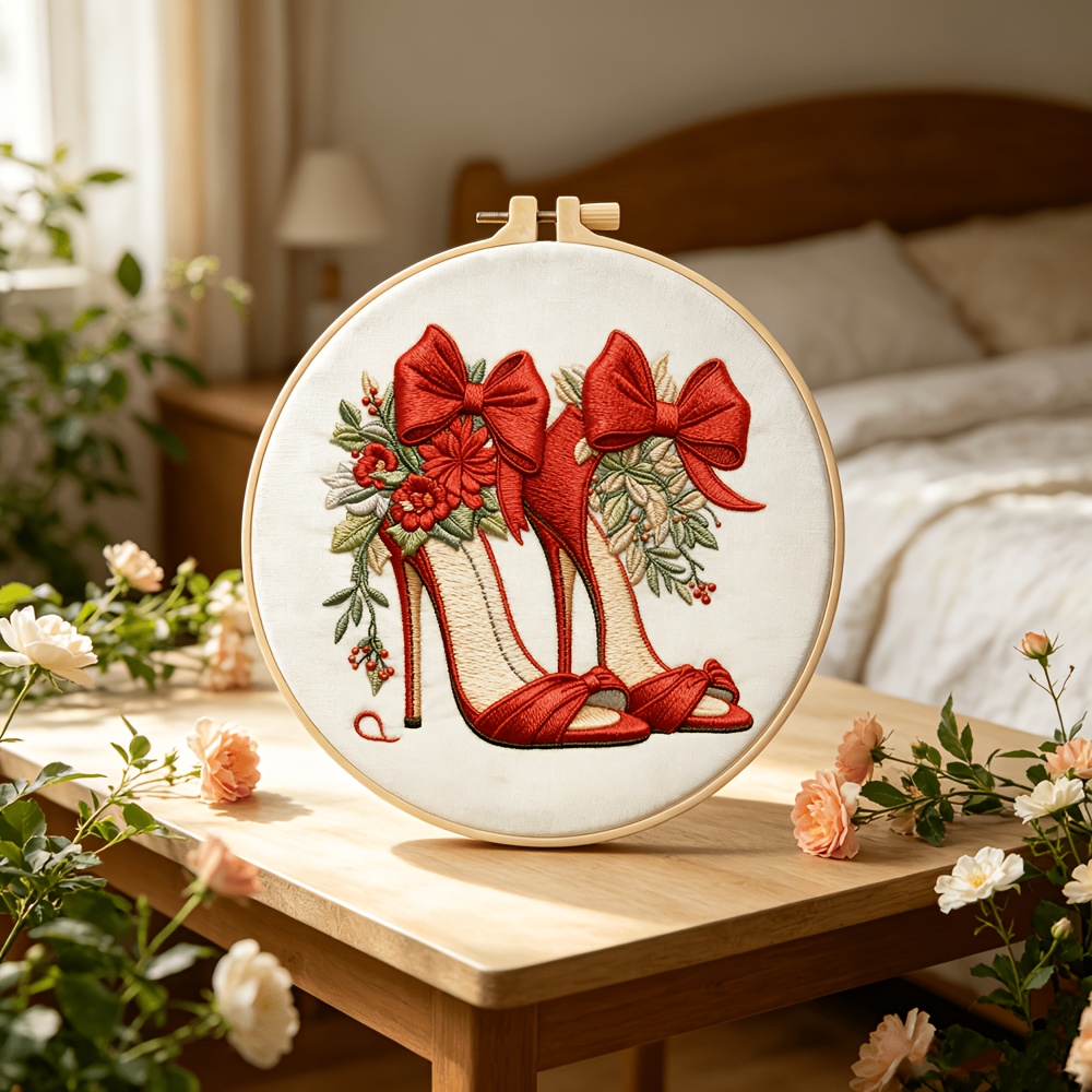 Complete DIY Embroidery Kit, Vintage Red High Heel & Floral Bow Design