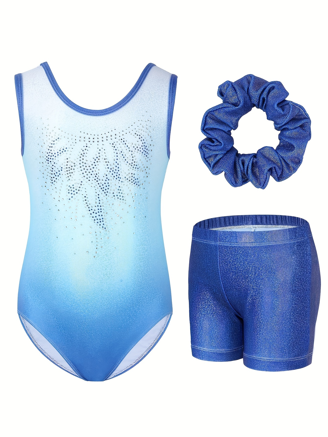 SILVERCELL Girls Rhinestone Sleeveless Dance Outfits Set 3 Piece Gymnastic Leotard Athletic Short With Hairband Dancewear,5-12Y