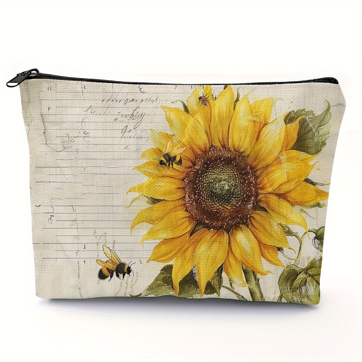 

Vintage Sunflower Pattern Makeup Bag: 5.51x8.66 In, 14x22cm, Travel Organizer With Zipper, Cosmetic Pouch For Women