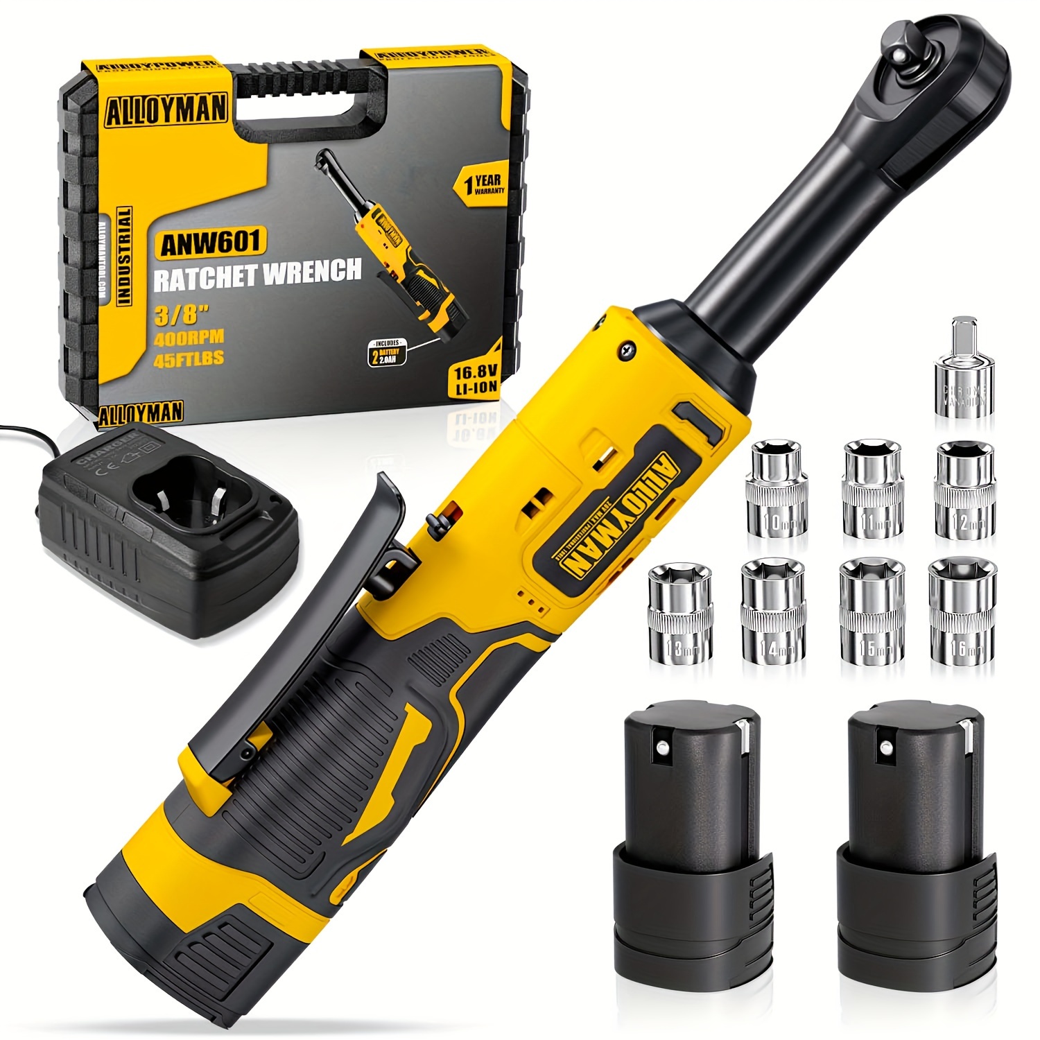 

Alloyman 16.8v 2.0ah Li-ion Cordless Ratchet Wrench Kit, Yellow, 400 Rpm, 7 Sockets, 1/4 Inch Adapter, 1 Hour