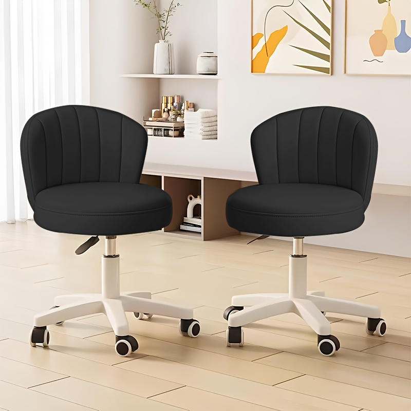 Image of 2pcs Office Chair Set With Rollers, Comfortable Sponge Seat Cushion, Makeup Chair, Home Bedroom And Living Room, Fashionable Round Chair, Backrest Chair Combination Set, Black White Pink Gray Colors