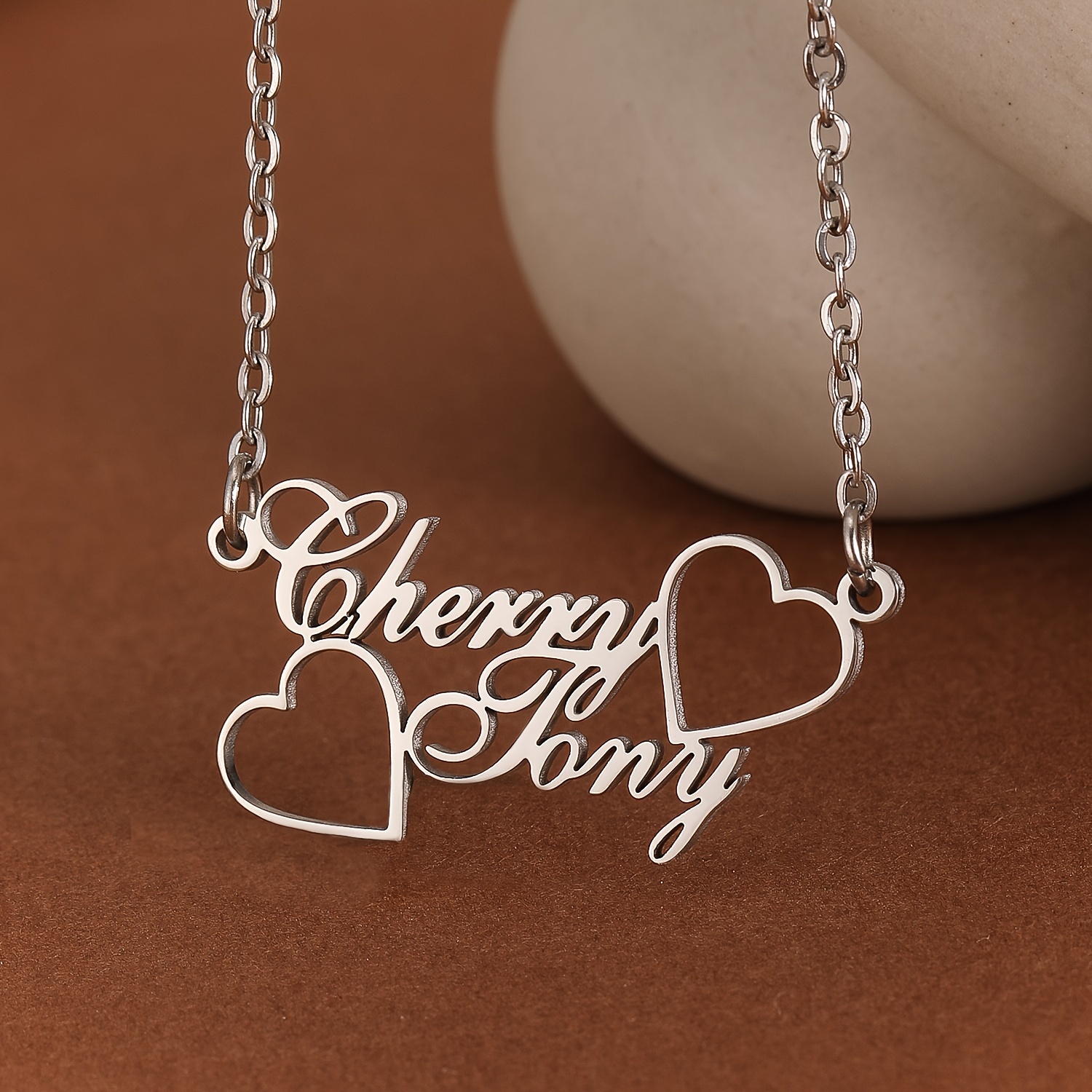 TEMU 1pc Personalized Couple Necklace - Custom Engraved Names In Cursive Script, Elegant Wedding Anniversary Gift For Her, Durable Metal Love Symbol