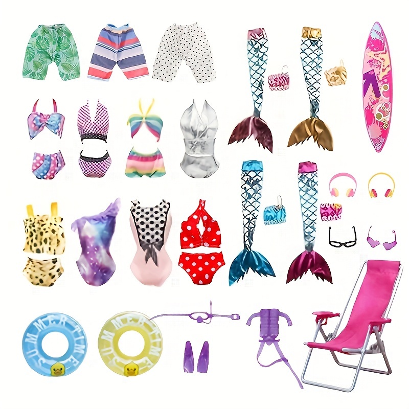 

8pcs/pack Summer 11.8in/30cm Doll Clothes And Accessories Set, Bikini Beach Shorts Mermaid Dresses Surf Board Swim Ring Beach Chair Items For Boy Girl Doll Swimsuits Wear Clothing Toys
