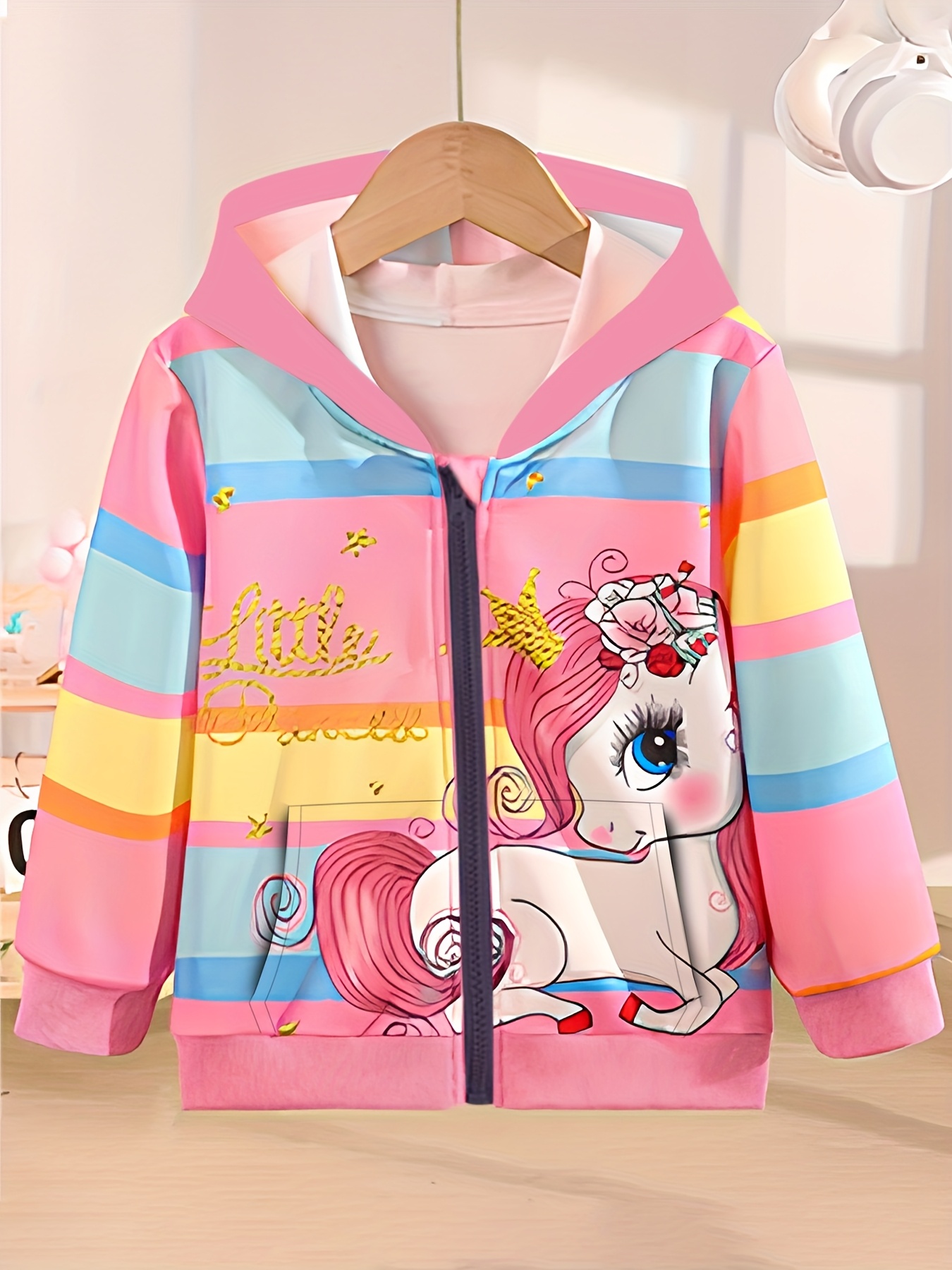girls cute striped rainbow unicorn zip hoodie soft Temu United