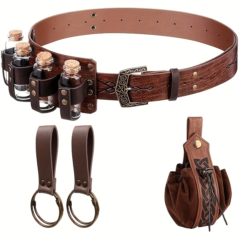 Image of 5pcs Medieval Viking Belt Pouches With 4 Cork Potion Bottles, Nordic Portable Coin Purse, Skirt Hiking Belt Pouch Belt Additions For Thanksgiving, Christmas, Halloween Holiday Outfits, Without Battery