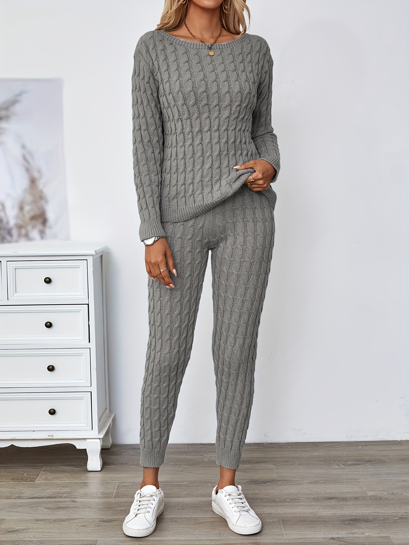 Solid Knitted Matching Two piece Set Casual Long Sleeve - Temu Canada