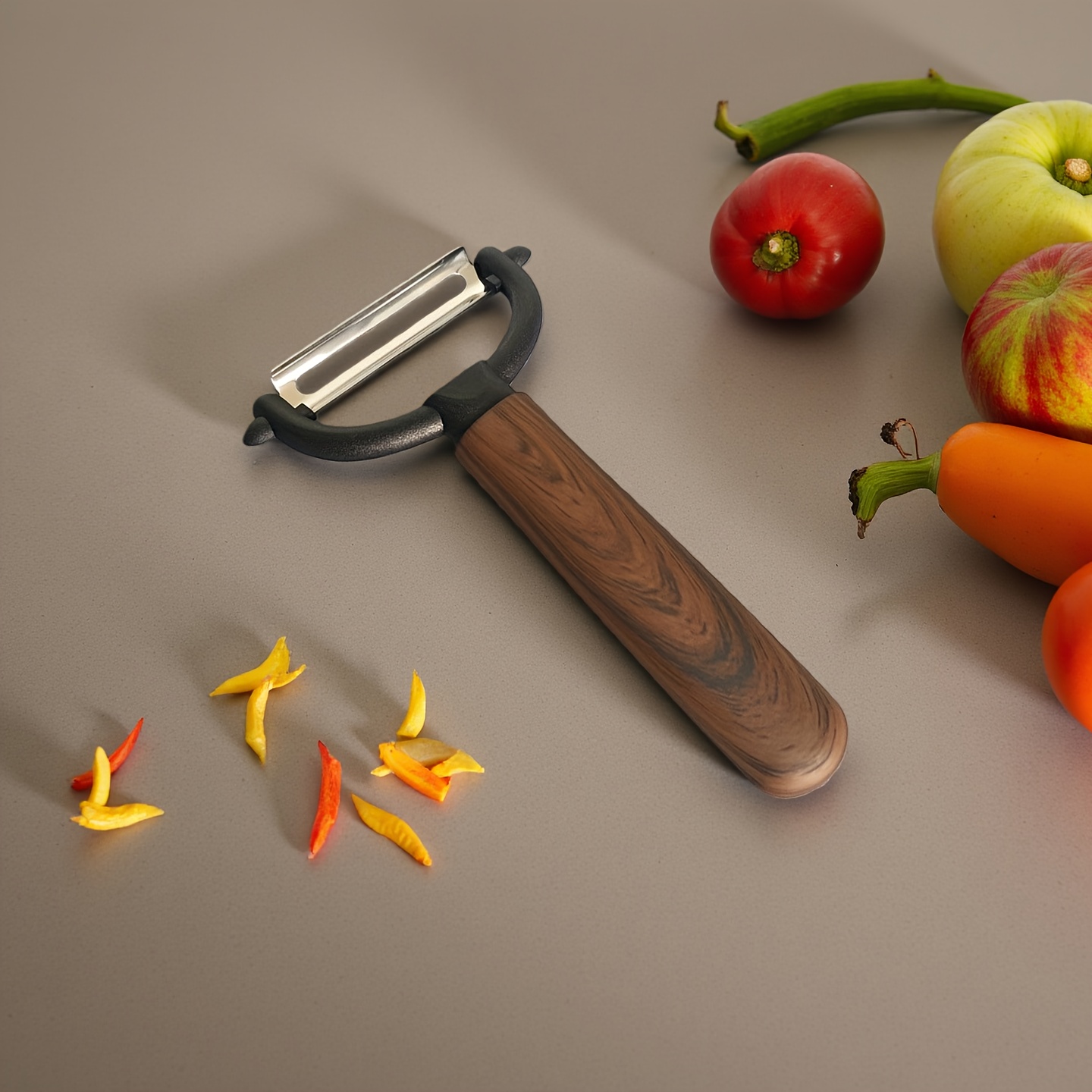 E-shop Mehrzweck-Gemüse- Obstschäler - Kunststoff-Walnuss-Holzmaserung, Scharfe Edelstahlklinge, Ergonomischer Griff | Schält Kartoffeln, Äpfel,