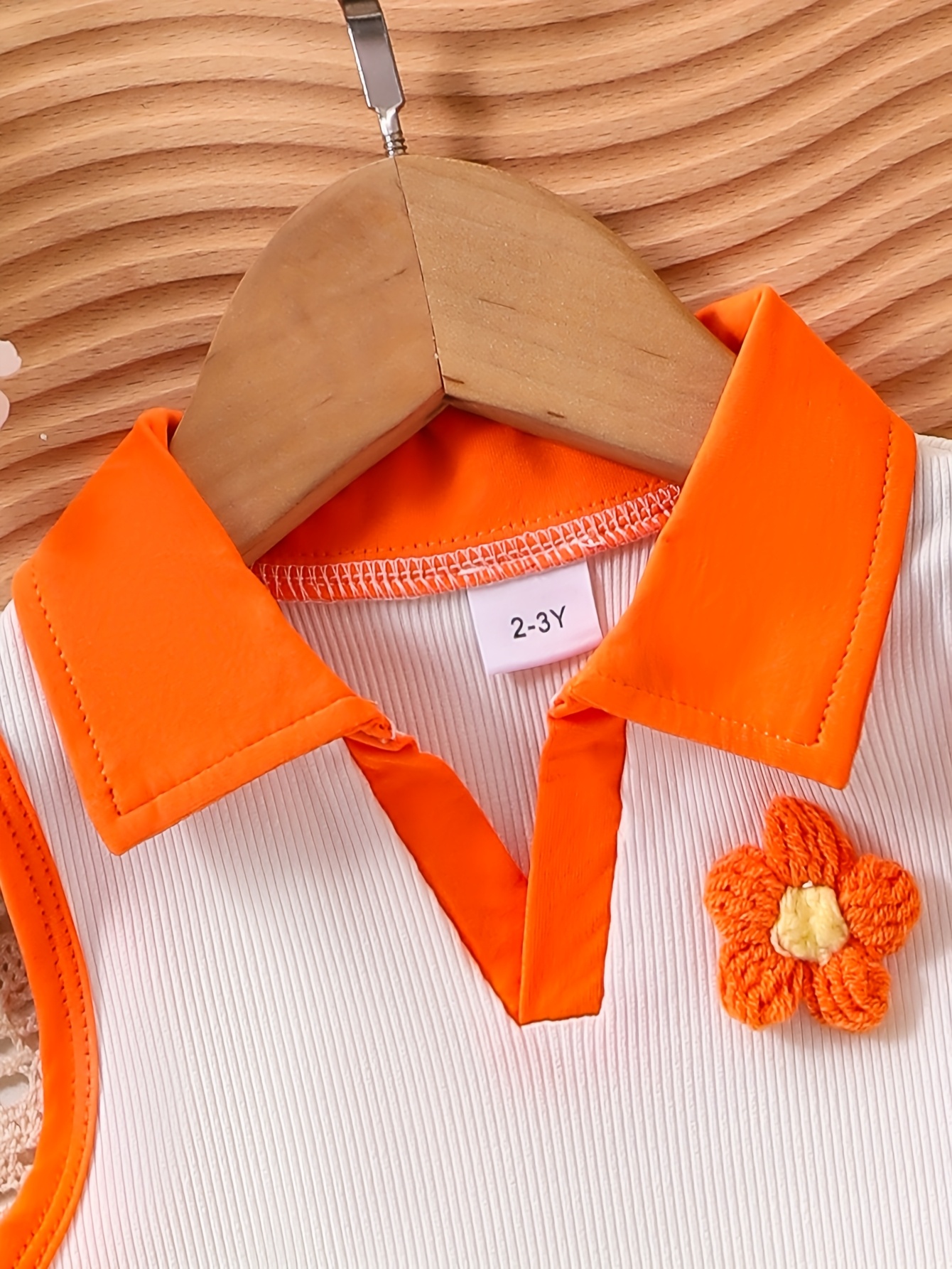 New Girls' Floral Orange And White Top with Denim Shorts Set, for Outdoor