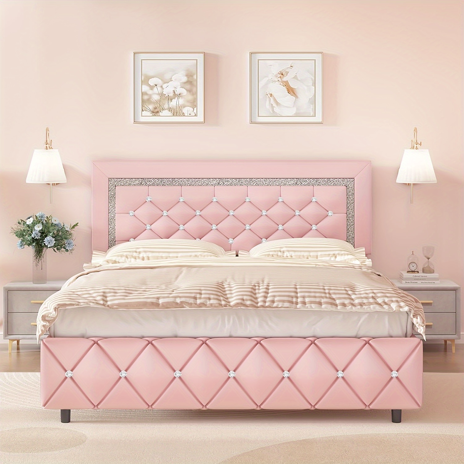 

Full Size Bed Frame, Upholstered Bed Frame Full Size With Diamond Tufted Headboard, Faux Leather Headboard & Footboard, Wooden Slats Support, No Box Spring Needed, Easy Assembly, Pink