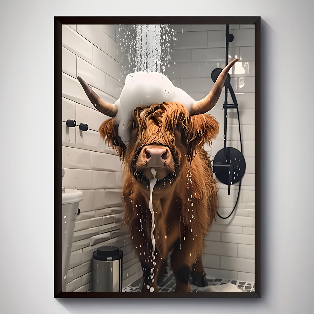 TEMU sur toile cadre de vache Highland 2D - Décoration murale rustique de ferme, esthétique de salle de bain fantaisiste, 30.48X40.64Cm, parfait pour