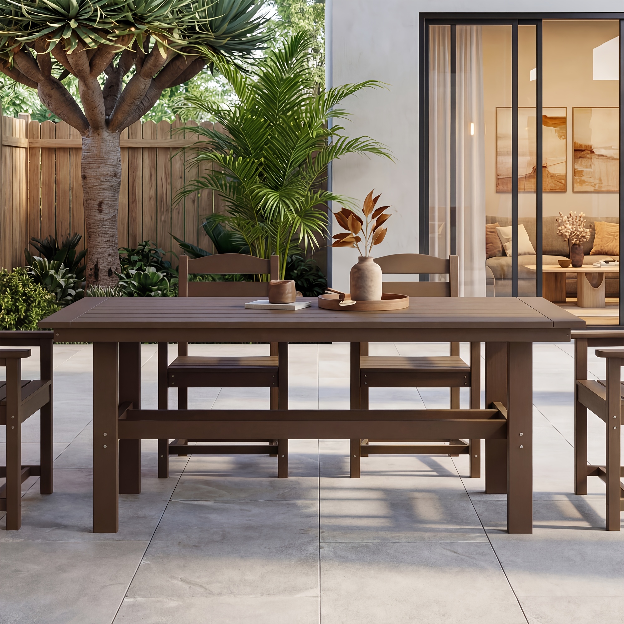 Modern Outdoor Dining Table for 6-Person Rectangle Indoor Outdoor Table with Umbrella Hole & Wood-Like Surface, Weather-Resistant Outside Dining Table for Patio Lawn Garden Backyard, 32.7
