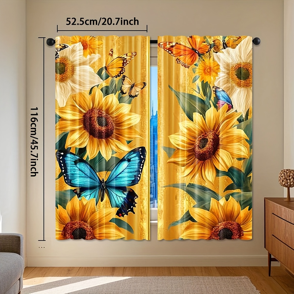 TEMU Set Of 2, Curtains Featuring Sunflower And Designs, Made From Lightweight, Semi-transparent Fabric With Rod Pockets, Suitable For Living Rooms,
